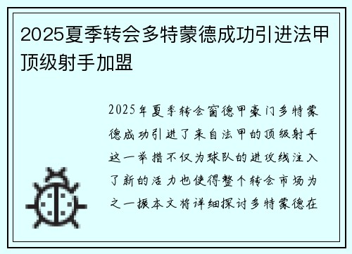 2025夏季转会多特蒙德成功引进法甲顶级射手加盟 2025夏季转会多特蒙德成功引进法甲顶级射手加盟