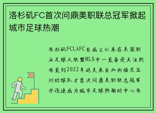 洛杉矶FC首次问鼎美职联总冠军掀起城市足球热潮